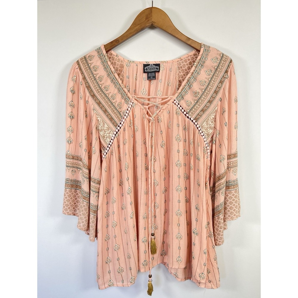Angie Womens Boho Peasant Top Size L Pink Flowy Tassel Tie Gypsy Boho Festival